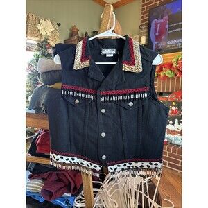 RSVP Dallas Texas Black Denim Vest Womens Small Handmade Beads Sleeveless